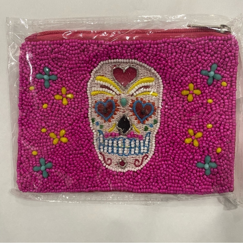 Handmade Seed Beaded Colorful Skull Candy Coin Pouch Mexican Folk Whymsy